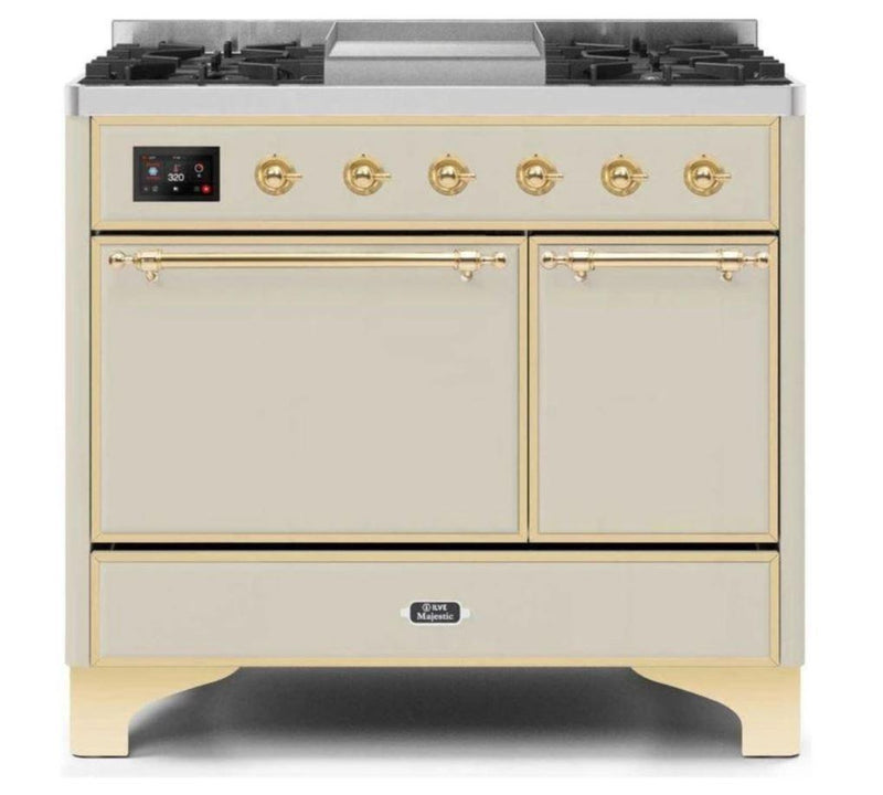 ILVE 40 Inch Majestic II Series Natural/ Propane Gas Burner and Electric Oven Range with 6 Sealed Burners (UMD10FDQNS3) - Antique White with Brass Trim