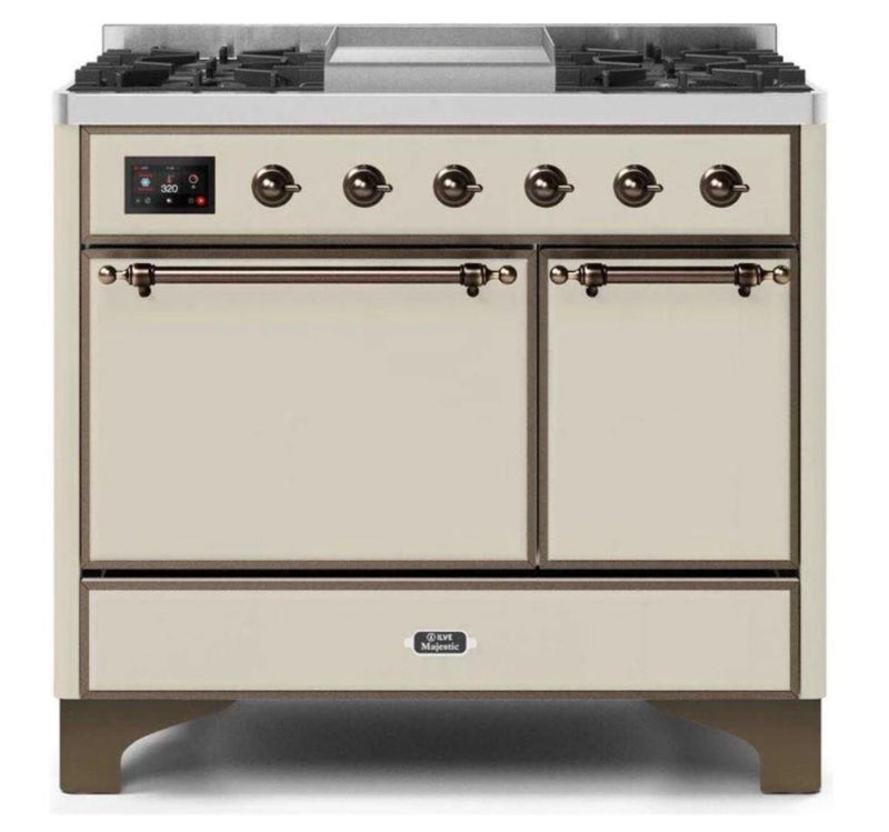 ILVE 40 Inch Majestic II Series Natural/ Propane Gas Burner and Electric Oven Range with 6 Sealed Burners (UMD10FDQNS3) - Antique White with Bronze Trim