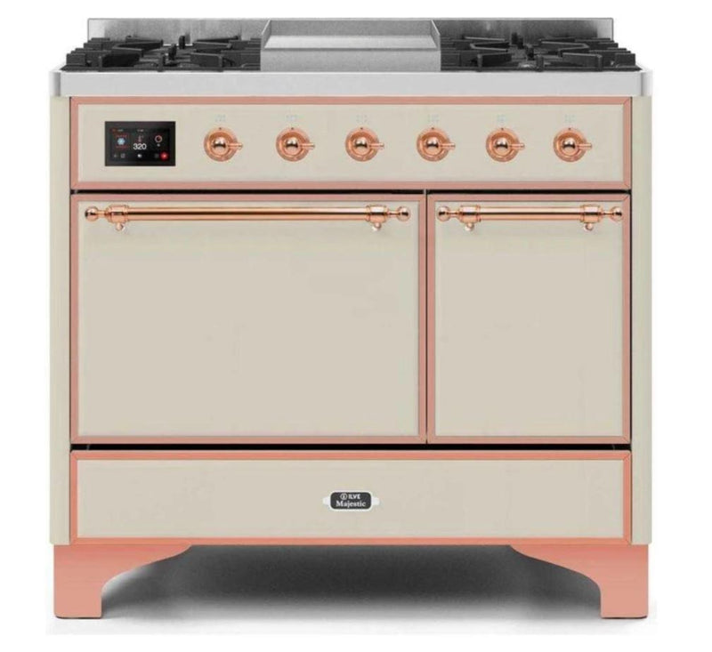 ILVE 40 Inch Majestic II Series Natural/ Propane Gas Burner and Electric Oven Range with 6 Sealed Burners (UMD10FDQNS3) - Antique White with Copper Trim