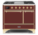 ILVE 40 Inch Majestic II Series Natural/ Propane Gas Burner and Electric Oven Range with 6 Sealed Burners (UMD10FDQNS3) - Burgundy with Brass Trim