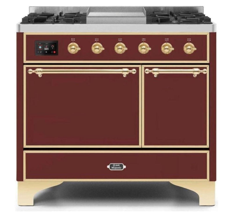 ILVE 40 Inch Majestic II Series Natural/ Propane Gas Burner and Electric Oven Range with 6 Sealed Burners (UMD10FDQNS3) - Burgundy with Brass Trim