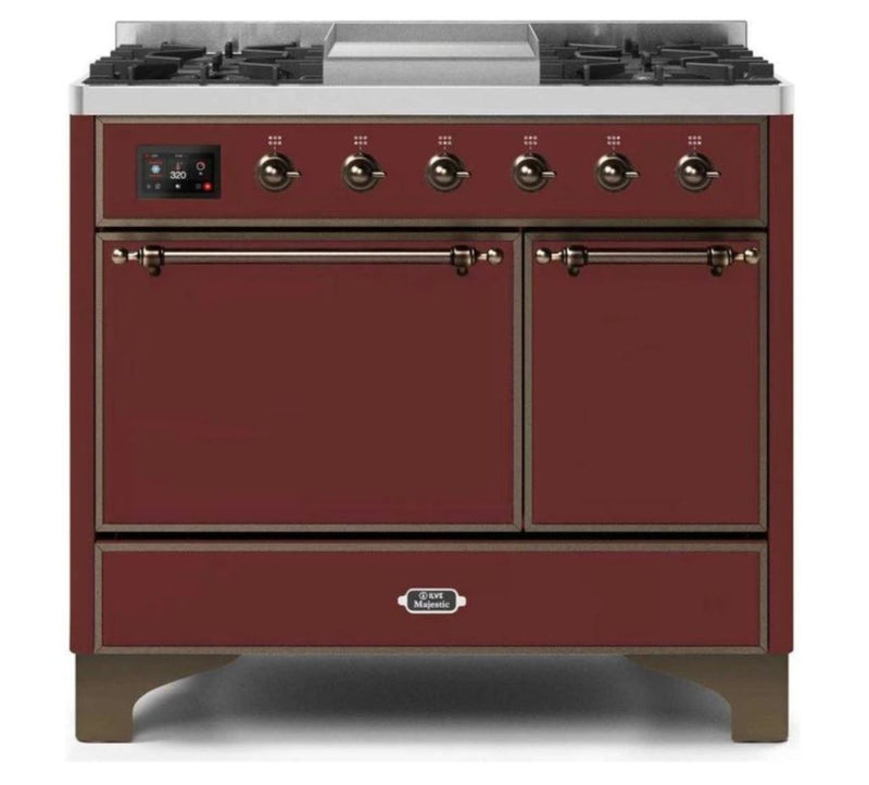 ILVE 40 Inch Majestic II Series Natural/ Propane Gas Burner and Electric Oven Range with 6 Sealed Burners (UMD10FDQNS3) - Burgundy with Bronze Trim