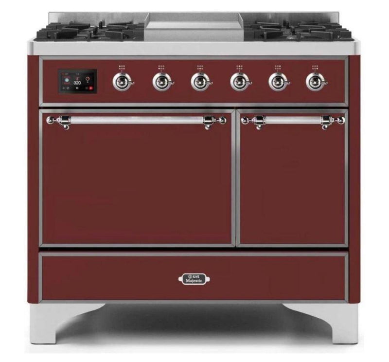 ILVE 40 Inch Majestic II Series Natural/ Propane Gas Burner and Electric Oven Range with 6 Sealed Burners (UMD10FDQNS3) - Burgundy with Chrome Trim