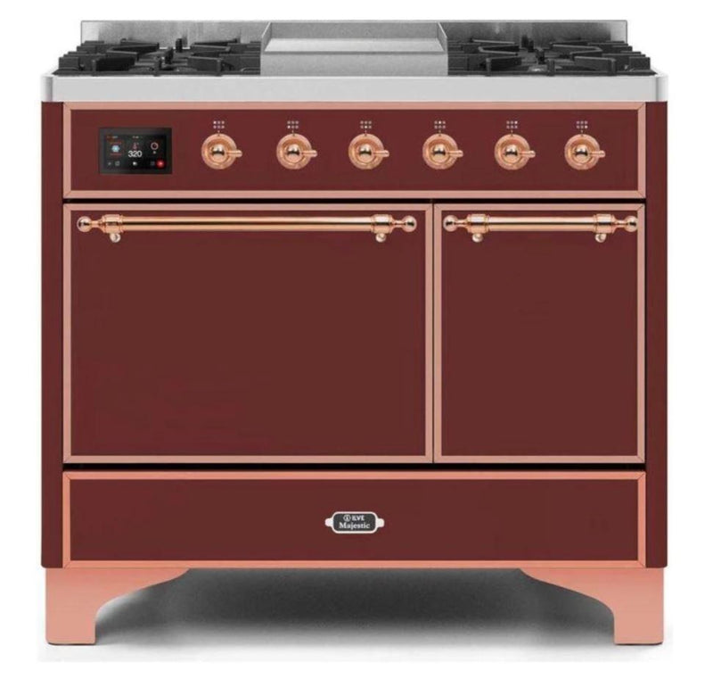 ILVE 40 Inch Majestic II Series Natural/ Propane Gas Burner and Electric Oven Range with 6 Sealed Burners (UMD10FDQNS3) - Burgundy with Copper Trim