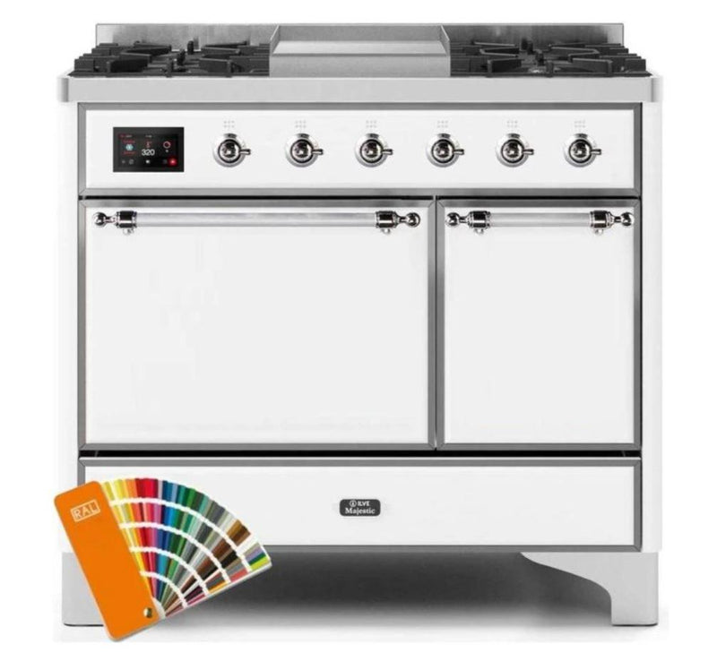 ILVE 40 Inch Majestic II Series Natural/ Propane Gas Burner and Electric Oven Range with 6 Sealed Burners (UMD10FDQNS3) - Custom RAL Color with Chrome Trim