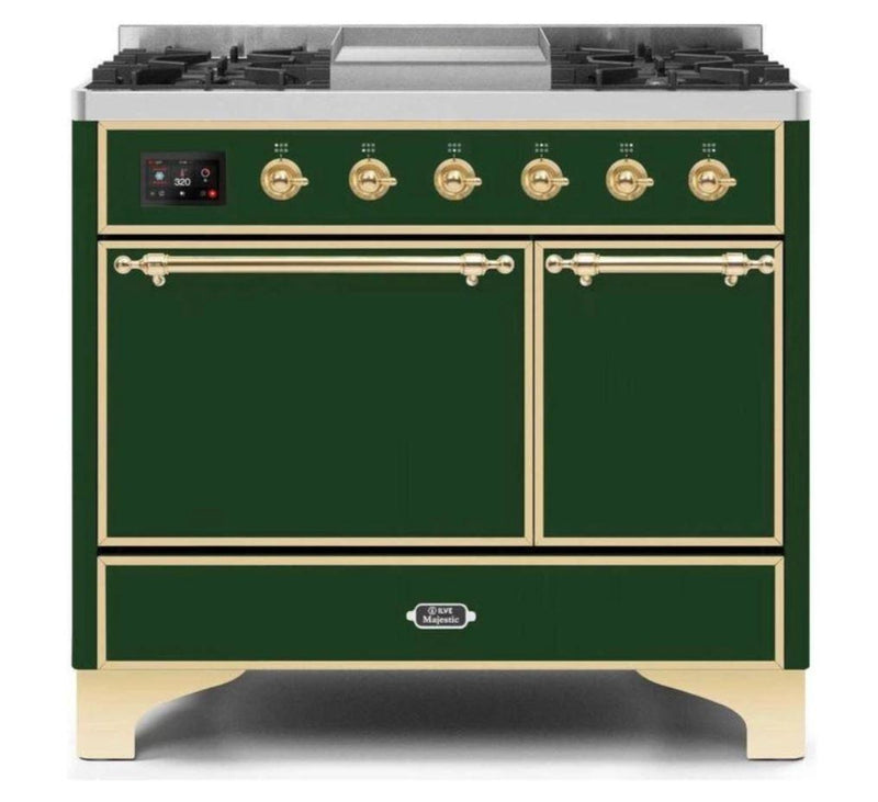 ILVE 40 Inch Majestic II Series Natural/ Propane Gas Burner and Electric Oven Range with 6 Sealed Burners (UMD10FDQNS3) - Emerald Green with Brass Trim