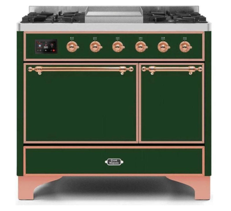 ILVE 40 Inch Majestic II Series Natural/ Propane Gas Burner and Electric Oven Range with 6 Sealed Burners (UMD10FDQNS3) - Emerald Green with Copper Trim
