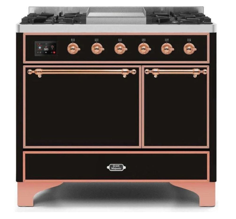 ILVE 40 Inch Majestic II Series Natural/ Propane Gas Burner and Electric Oven Range with 6 Sealed Burners (UMD10FDQNS3) - Glossy Black with Copper Trim