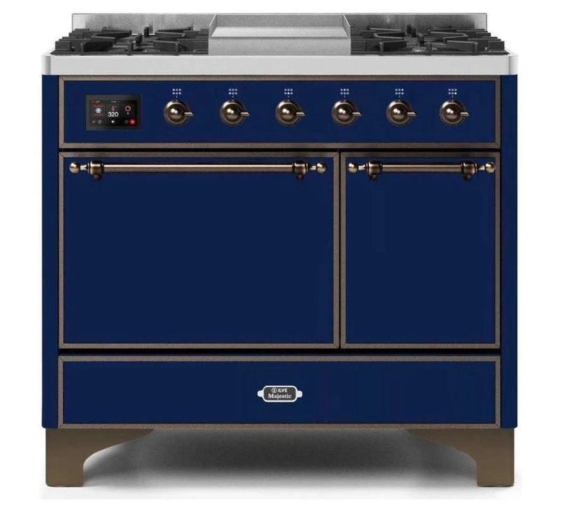 ILVE 40 Inch Majestic II Series Natural/ Propane Gas Burner and Electric Oven Range with 6 Sealed Burners (UMD10FDQNS3) - Midnight Blue with Bronze Trim