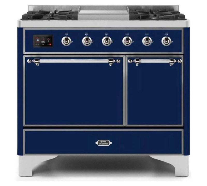 ILVE 40 Inch Majestic II Series Natural/ Propane Gas Burner and Electric Oven Range with 6 Sealed Burners (UMD10FDQNS3) - Midnight Blue with Chrome Trim