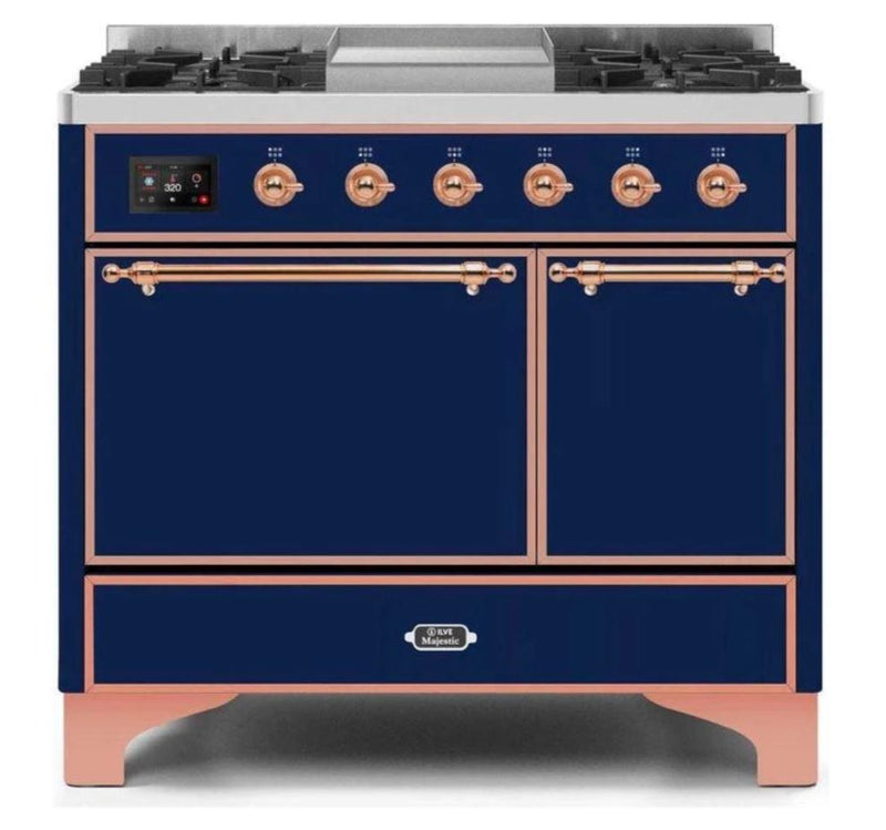 ILVE 40 Inch Majestic II Series Natural/ Propane Gas Burner and Electric Oven Range with 6 Sealed Burners (UMD10FDQNS3) - Midnight Blue with Copper Trim