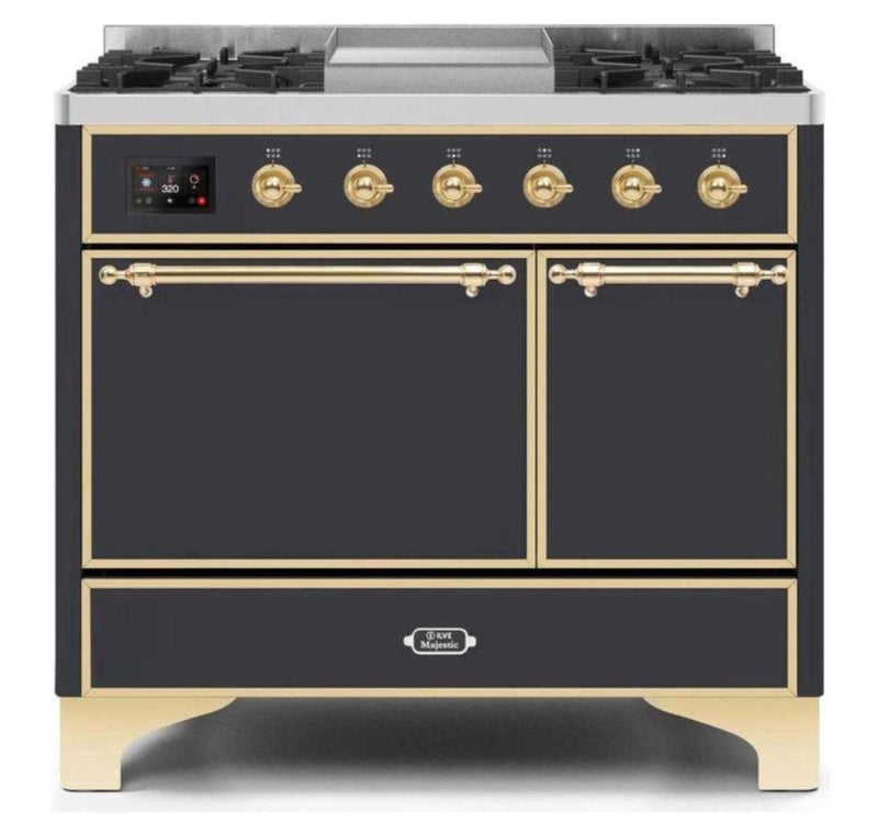 ILVE 40 Inch Majestic II Series Natural/ Propane Gas Burner and Electric Oven Range with 6 Sealed Burners (UMD10FDQNS3) - Matte Graphite with Brass Trim