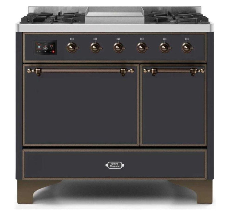 ILVE 40 Inch Majestic II Series Natural/ Propane Gas Burner and Electric Oven Range with 6 Sealed Burners (UMD10FDQNS3) - Matte Graphite with Bronze Trim