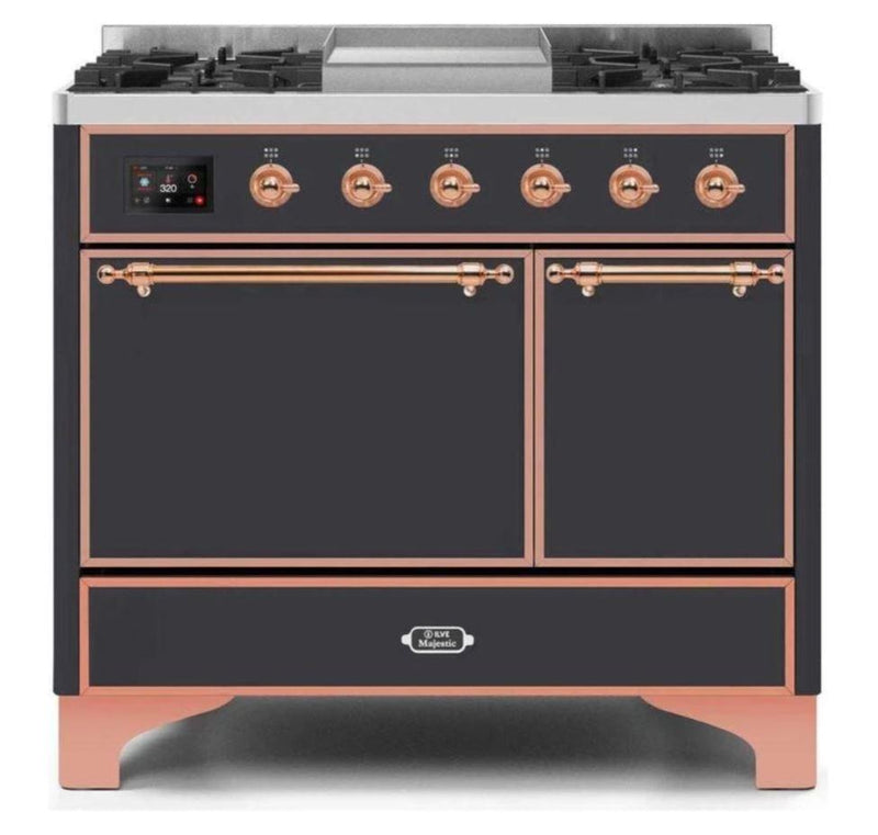 ILVE 40 Inch Majestic II Series Natural/ Propane Gas Burner and Electric Oven Range with 6 Sealed Burners (UMD10FDQNS3) - Matte Graphite with Copper Trim