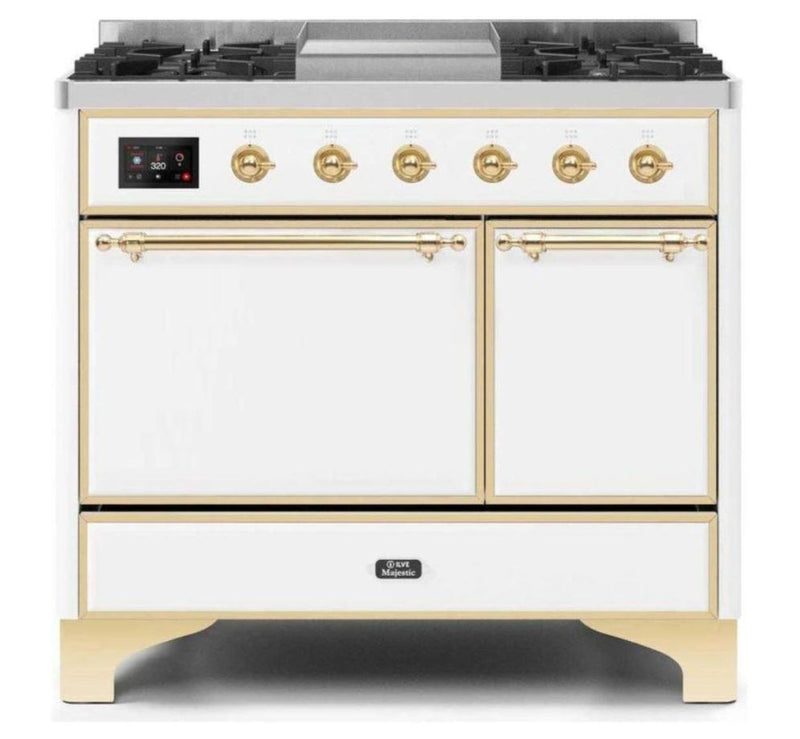 ILVE 40 Inch Majestic II Series Natural/ Propane Gas Burner and Electric Oven Range with 6 Sealed Burners (UMD10FDQNS3) - White with Brass Trim