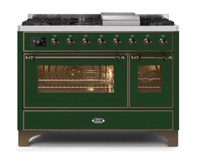 ILVE 48 Inch Majestic II Series Freestanding Dual Fuel Double Oven Range with 8 Sealed Burners, Triple Glass Cool Door, Convection Oven (UM12FDNS)