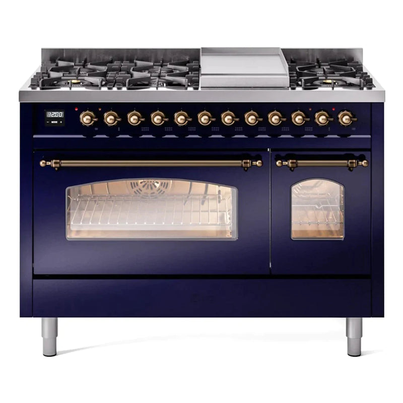 ILVE 48" Nostalgie II Series Freestanding Double Oven Dual Fuel Range with 8 Sealed Burners and Griddle