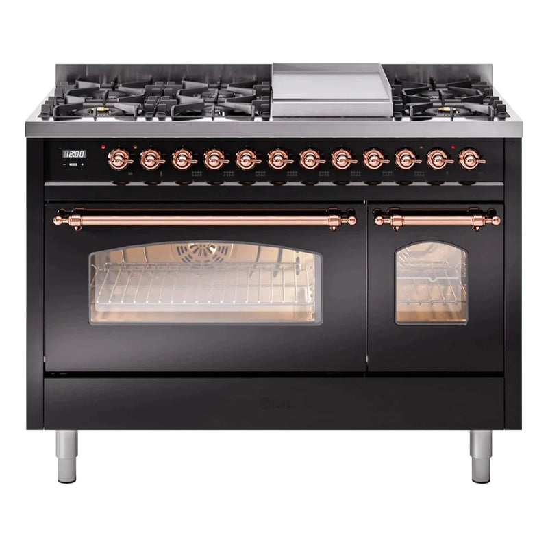 ILVE 48" Nostalgie II Series Freestanding Double Oven Dual Fuel Range with 8 Sealed Burners and Griddle