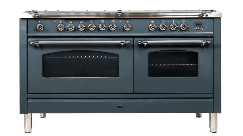 ILVE 60 Inch Nostalgie Series Freestanding Double Oven Dual Fuel Range with 8 Sealed Burners and Griddle (UPN150FDM)