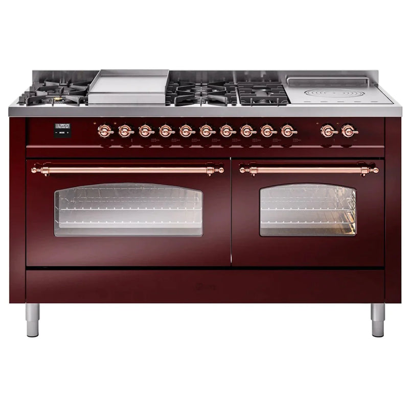 ILVE 60" Nostalgie II Series Freestanding Double Oven Dual Fuel Range with 8 Sealed Burners and Griddle