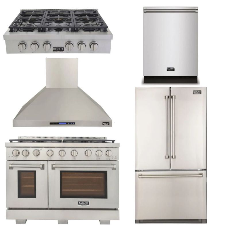 Kucht Appliance Package - 48 inch Natural Gas Range in Stainless Steel, Wall Range Hood, Refrigerator, Dishwasher, and Gas Stovetop, KFX-KFX480-369T