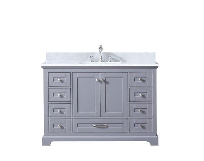 Lexora Dukes 48" Dark Grey Single Vanity, White Carrara Marble Top, White Square Sink and no Mirror LD342248SBDS000