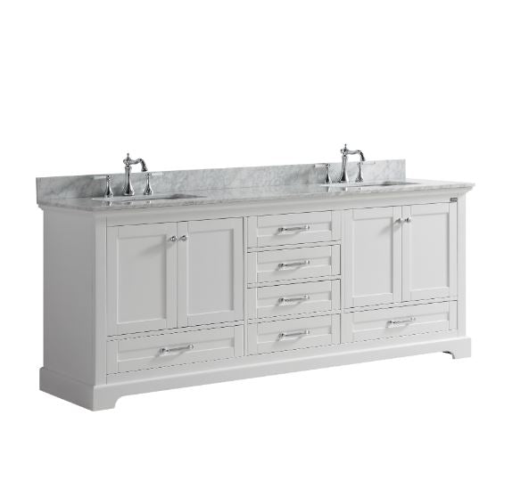 Lexora Dukes 80" White Double Vanity, White Carrara Marble Top, White Square Sinks and no Mirror LD342280DADS000