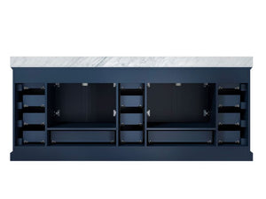 Lexora Dukes 84" Navy Blue Double Vanity, White Carrara Marble Top, White Square Sinks and no Mirror LD342284DEDS000