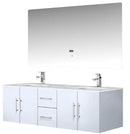 Lexora Geneva 60" Glossy White Double Vanity, White Carrara Marble Top, White Square Sinks and 60" LED Mirror LG192260DMDSLM60