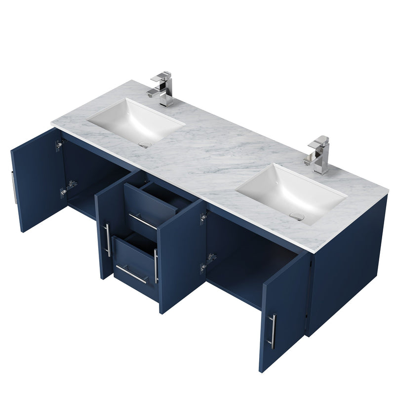 Lexora Geneva 60" Navy Blue Double Vanity, White Carrara Marble Top, White Square Sinks and no Mirror LG192260DEDS000