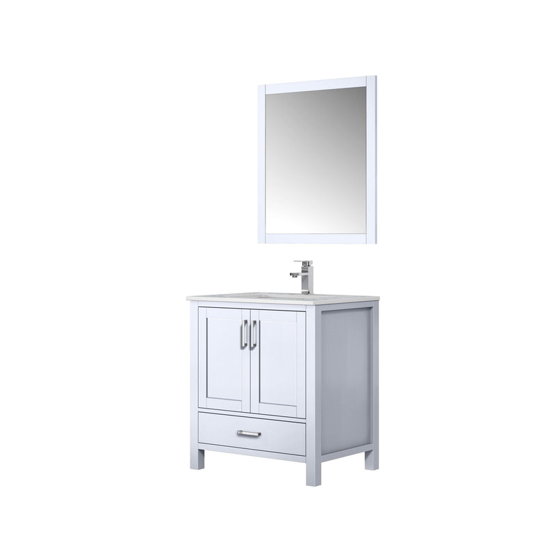 Lexora Jacques 30" White Single Vanity, White Carrara Marble Top, White Square Sink and 28" Mirror w/ Faucet LJ342230SADSM28F