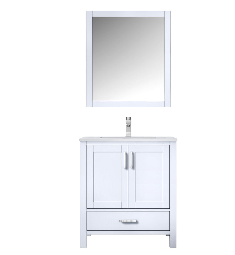 Lexora Jacques 30" White Single Vanity, White Carrara Marble Top, White Square Sink and 28" Mirror w/ Faucet LJ342230SADSM28F