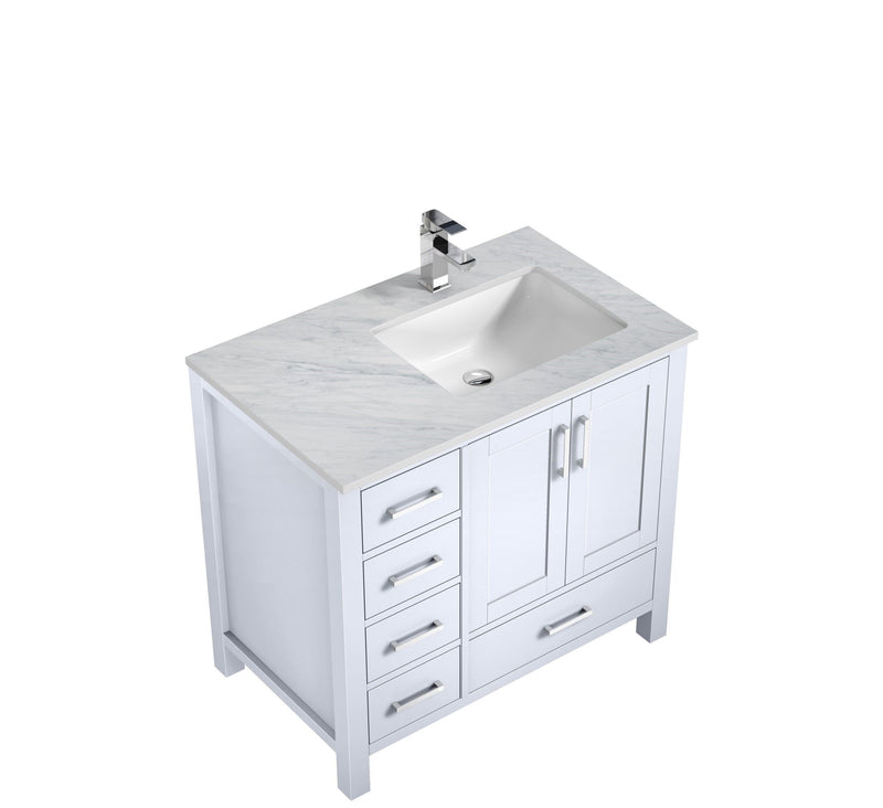 Lexora Jacques 36" White Single Vanity, White Carrara Marble Top, White Square Sink and 34" Mirror w/ Faucet - Right Version LJ342236SADSM34F-R