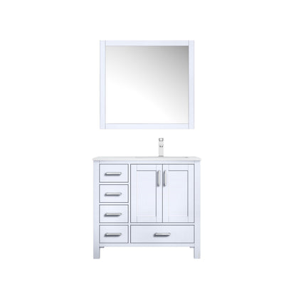 Lexora Jacques 36" White Single Vanity, White Carrara Marble Top, White Square Sink and 34" Mirror - Right Version LJ342236SADSM34-R