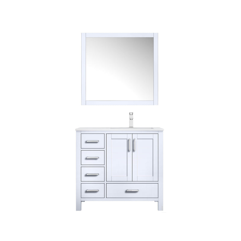 Lexora Jacques 36" White Single Vanity, White Carrara Marble Top, White Square Sink and 34" Mirror w/ Faucet - Right Version LJ342236SADSM34F-R