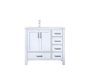 Lexora Jacques 36" White Single Vanity, White Carrara Marble Top, White Square Sink and no Mirror - Left Version LJ342236SADS000-L