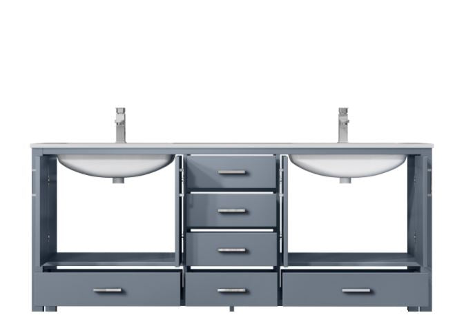 Lexora Jacques 72" Dark Grey Double Vanity, White Carrara Marble Top, White Square Sinks and no Mirror LJ342272DBDS000