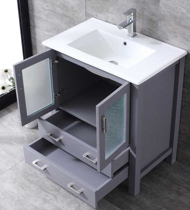 Lexora Volez 30" Dark Grey Single Vanity, Integrated Top, White Integrated Square Sink and 28" Mirror LV341830SBESM28