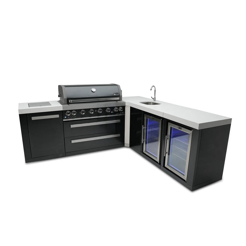 Mont Alpi 805 Black Stainless Steel BBQ Grill Island with 90 Degree Corner, Beverage Center and Fridge Cabinet - MAi805-BSS90BEVFC