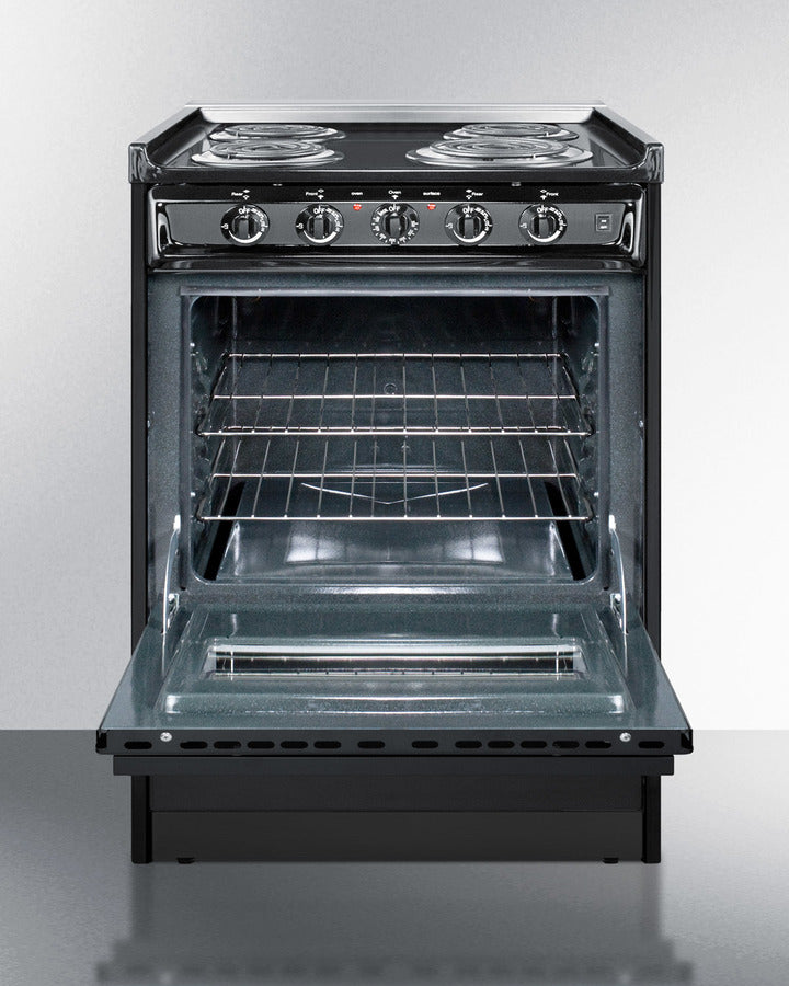 Summit WEM610RW 24 Slide-In Electric Range with 4 Elements Waist High  Broil Oven Racks Chrome Drip Pans Indicator Lights and Push-To-Turn Burner