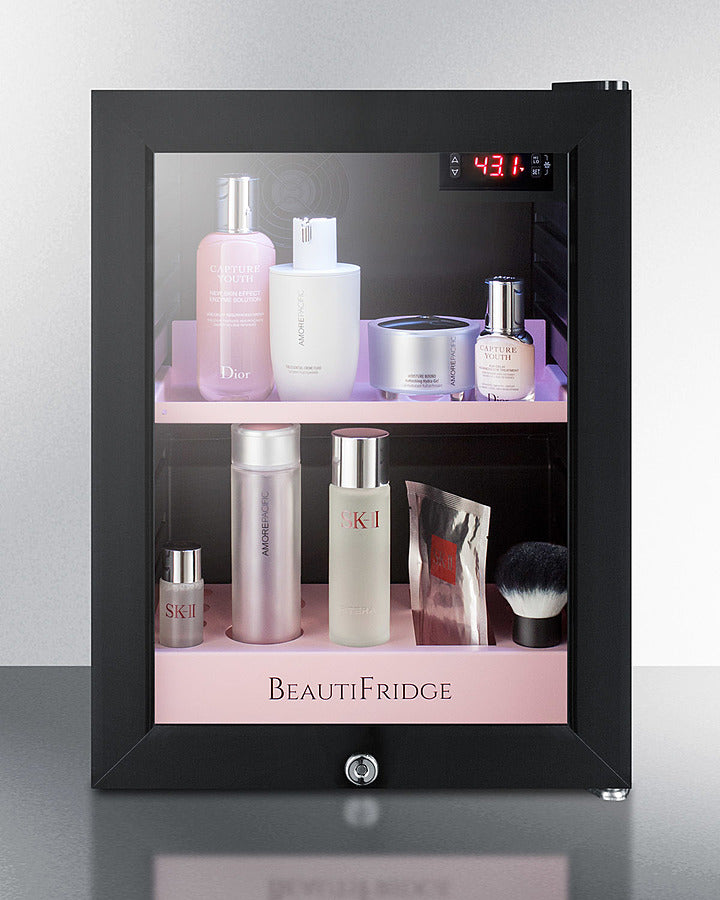 Summit BeautiFridge Cosmetics Cooler with Pink Shelving and Glass Door