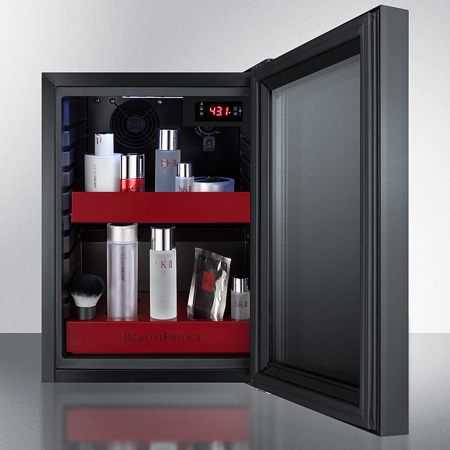 Summit BeautiFridge Cosmetics Cooler with Ruby Shelving and Tinted Glass Door