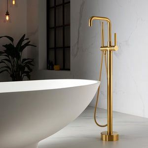 Vinnova Delara Freestanding Chrome Tub Faucet with Hand Shower Brushed Gold Finish