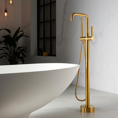 Vinnova Delara Freestanding Chrome Tub Faucet with Hand Shower Brushed Gold Finish