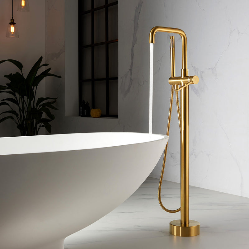 Vinnova Delara Freestanding Chrome Tub Faucet with Hand Shower Brushed Gold Finish