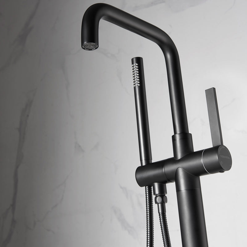 Vinnova Delara Freestanding Chrome Tub Faucet with Hand Shower Matte Black Finish