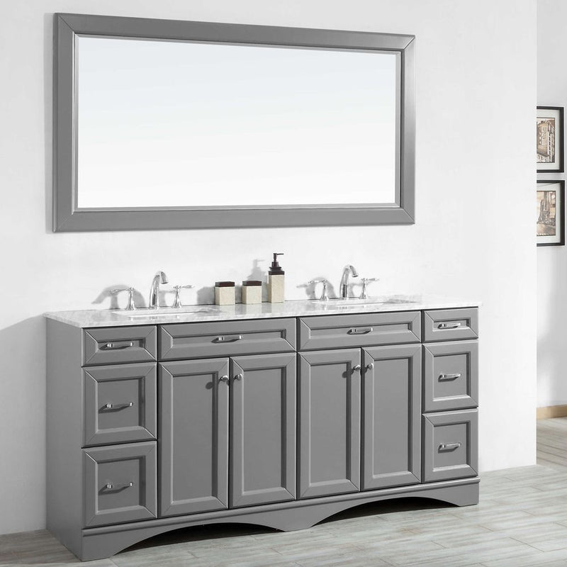 Vinnova Naples 72" Vanity Set in Grey with Carrara White Marble Countertop with Mirror