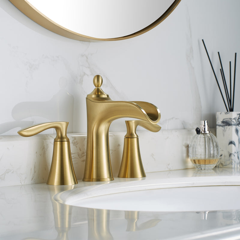 Vinnova Ukiah Two Handle 8 Inch Widespread Bathroom Faucet Brushed Gold Finish with Basin