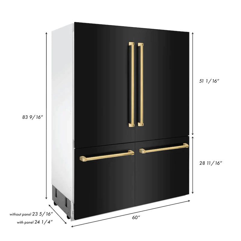 ZLINE 60" Autograph Edition 32.2 cu. ft. Built-in 4-Door French Door Refrigerator with Internal Water and Ice Dispenser in Black Stainless Steel with Gold Accents (RBIVZ-BS-60-G)